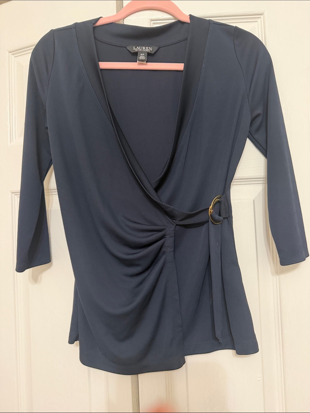 Lauren Ralph Lauren Navy Faux-Wrap Top with Gold Ring